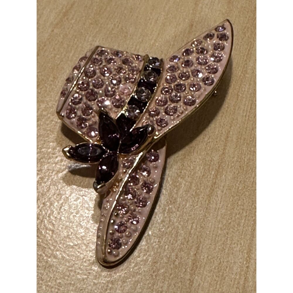Vintage Pink Enamel Rhinestone Sun Hat Brooch Pin Gold Tone Purple Flower